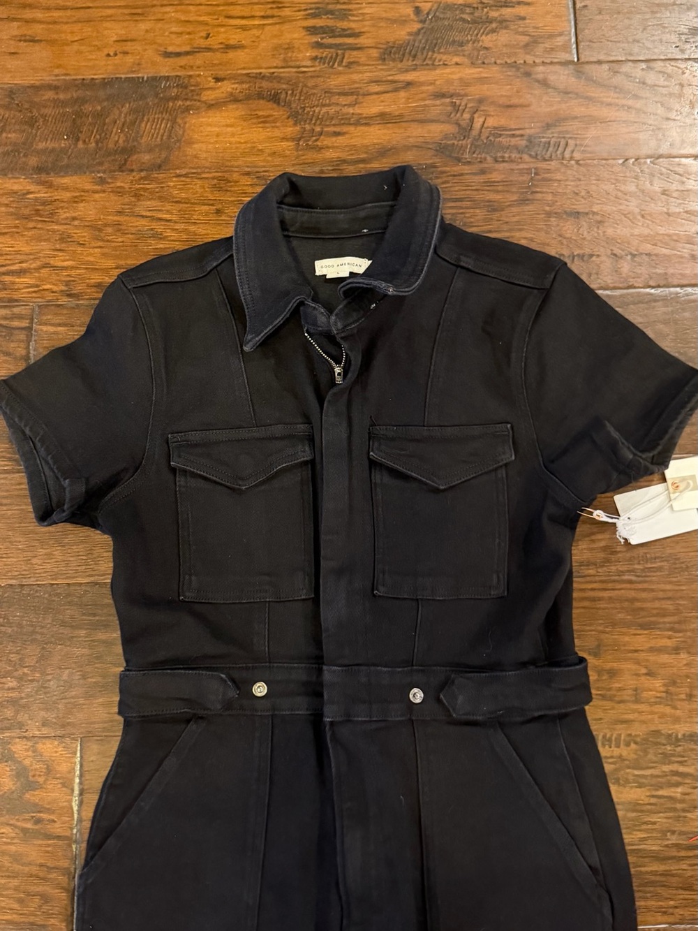 Good American Fit for Success Denim Jumpsuit Washed Black Short Sleeve Utility L - Picture 4 of 7